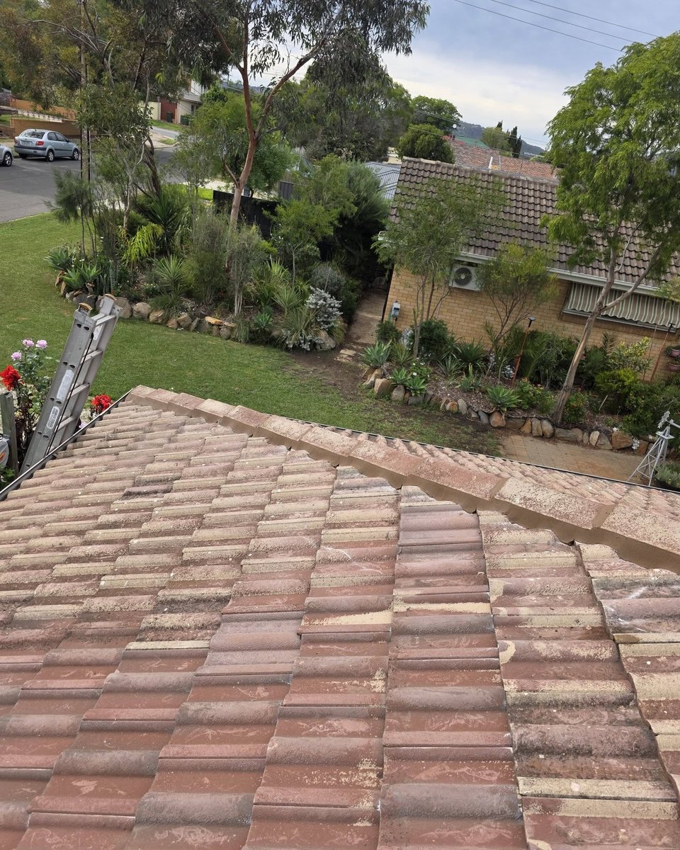 The roof after the re-bed, ridge capping bedded and pointed, garden below