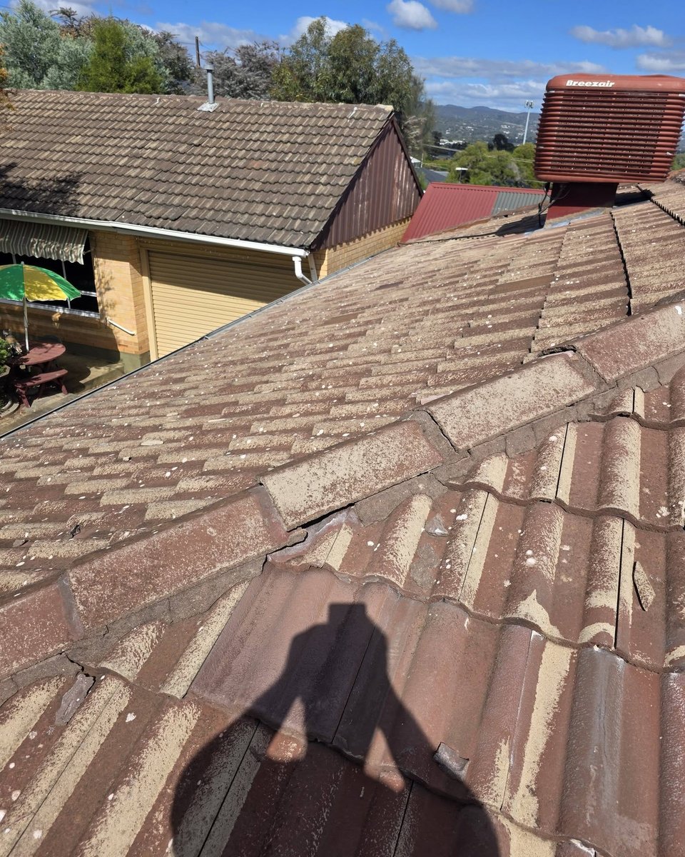 Weathered tiled roof with cracked mortar along the ridge capping